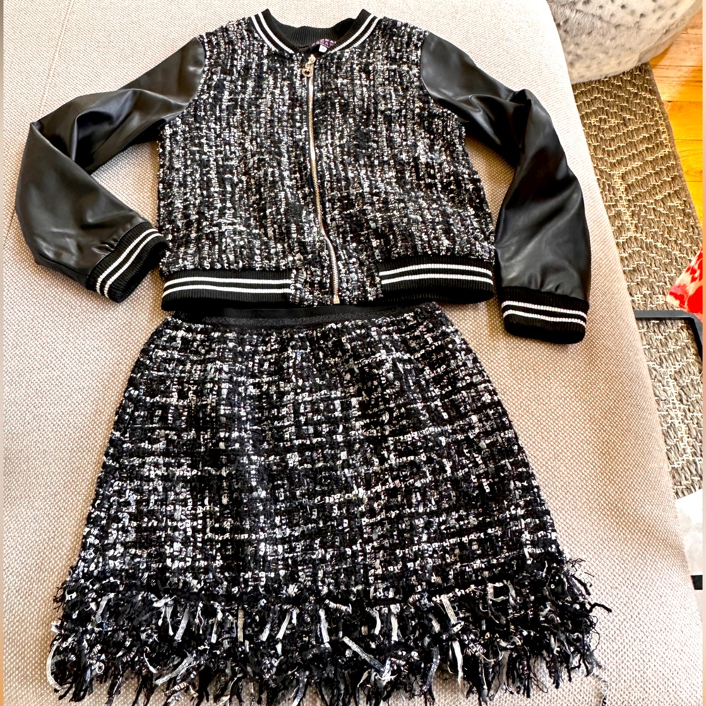 Hannah Banana Tweed, vegan leather skirt & jacket set- sz10